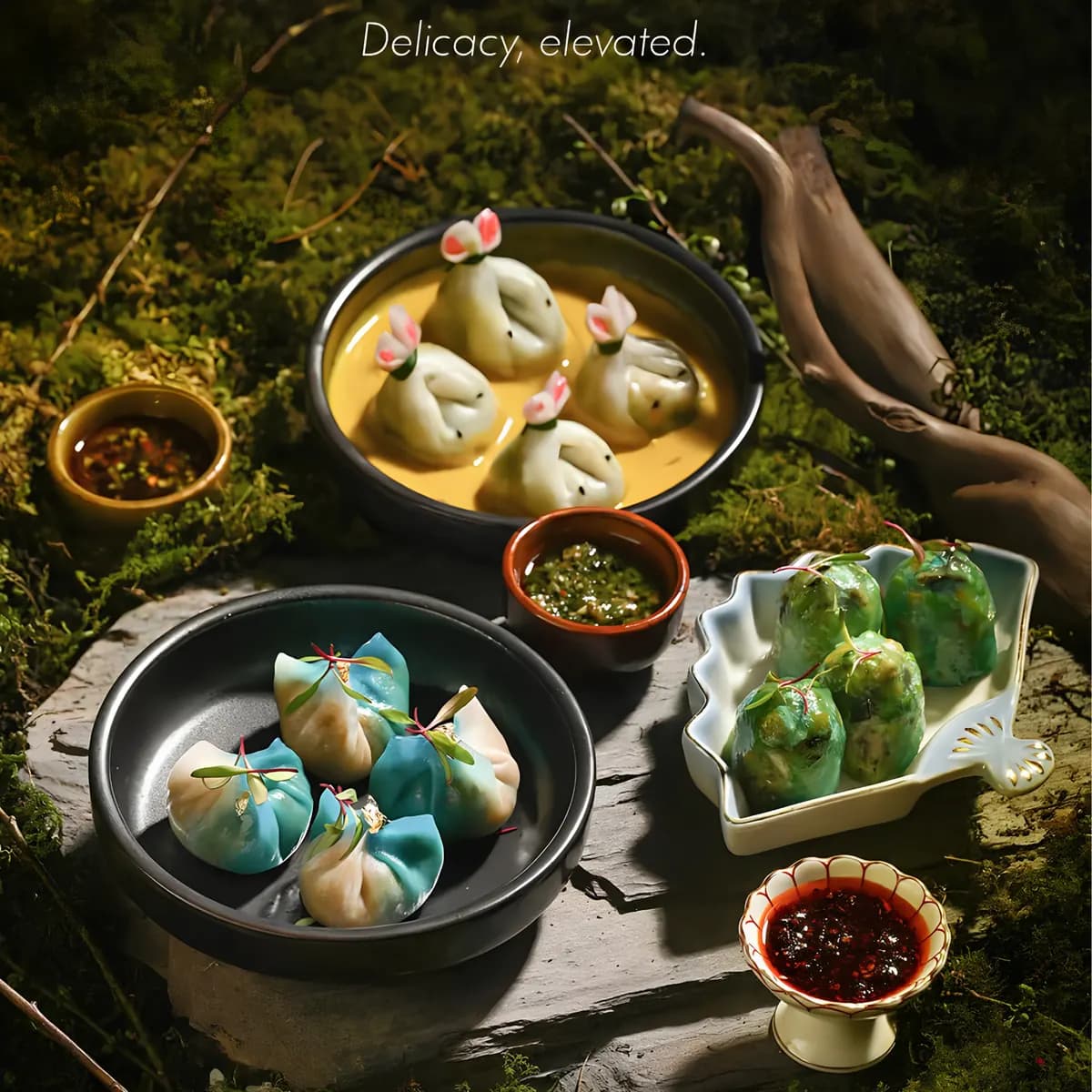 Colourful dim sum basket presentation with dipping sauces