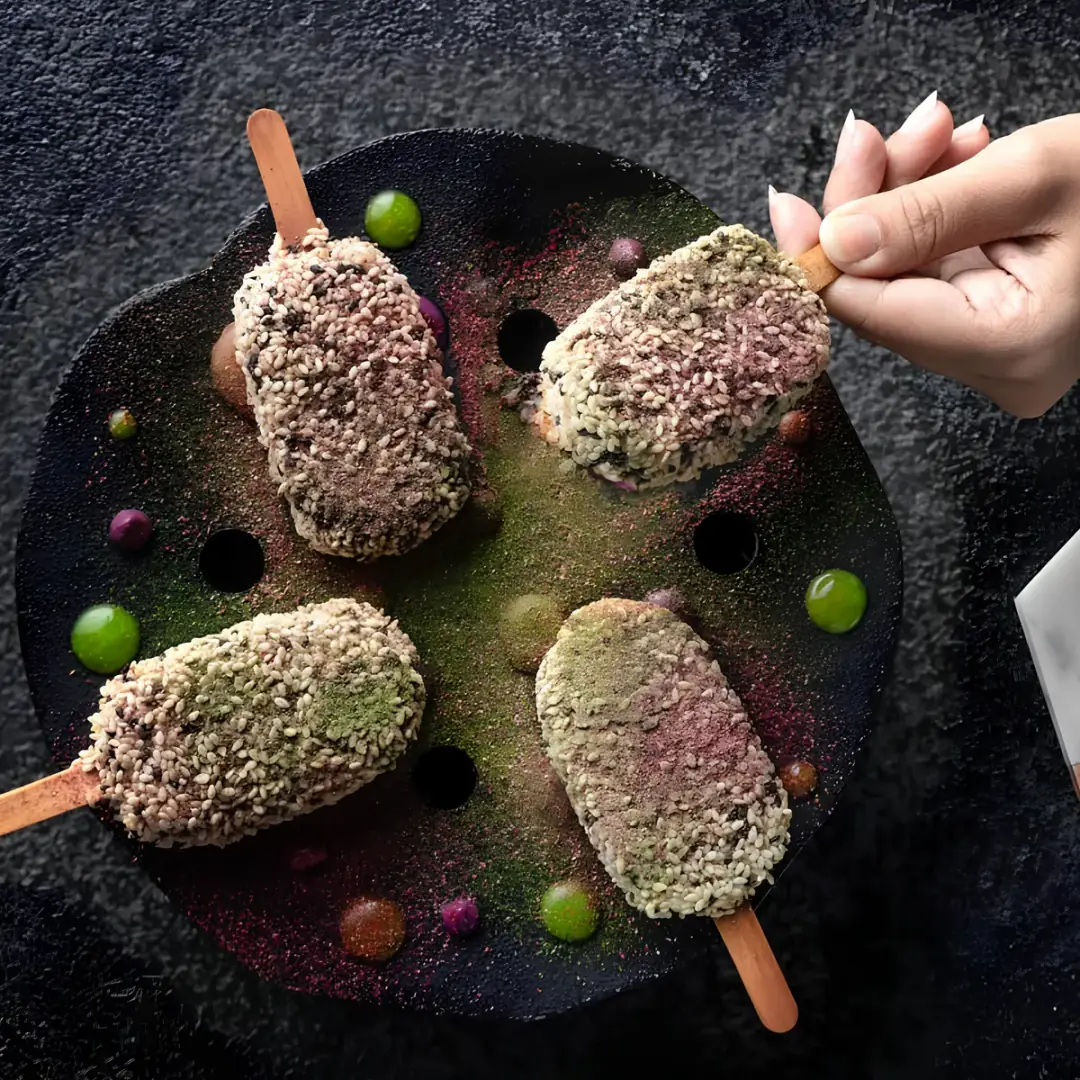 Plated dish on black slate with coloured garnishes, kitchen-first food photography